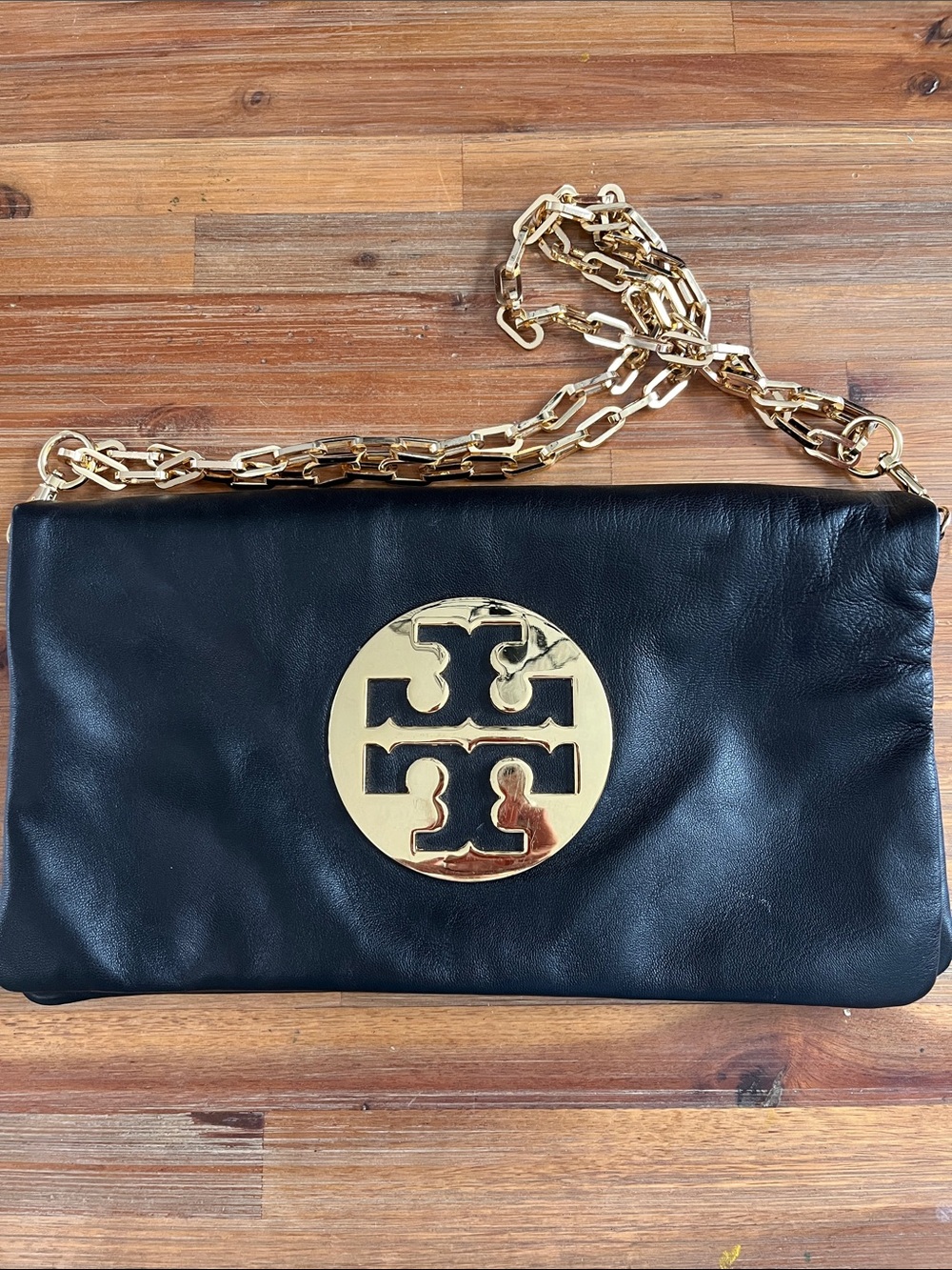 Tory Burch Reva Black Leather Clutch with Gold Logo and Chain